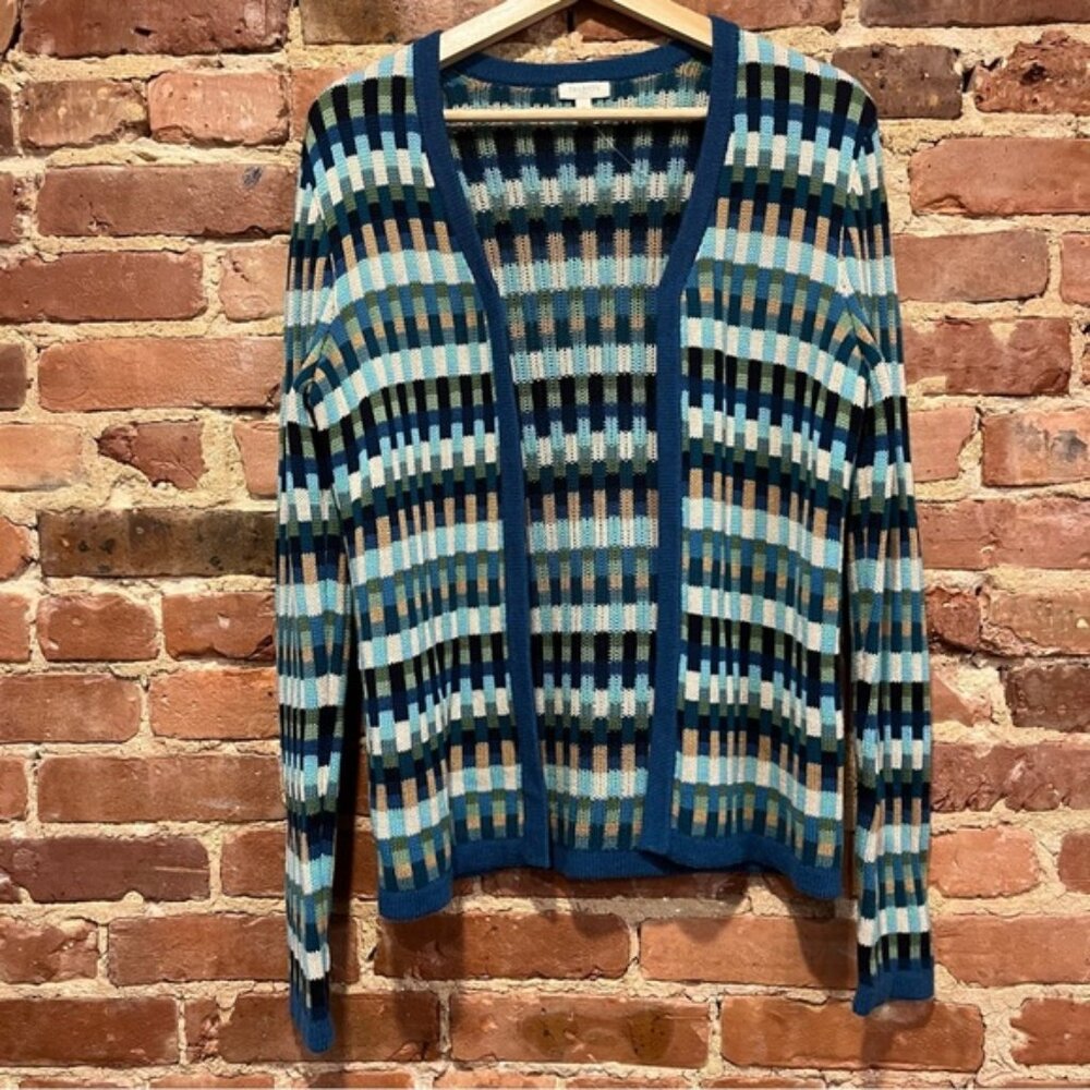 Talbots Patterned Bars Knit Cardigan Open Front Size Small